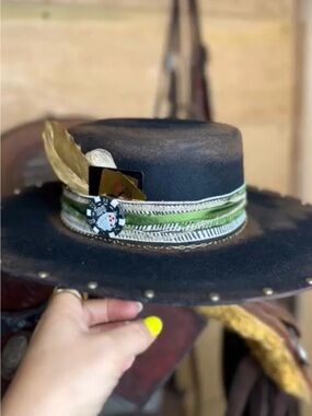 Black Felt Western Hat with Green Trim and Poker Accent